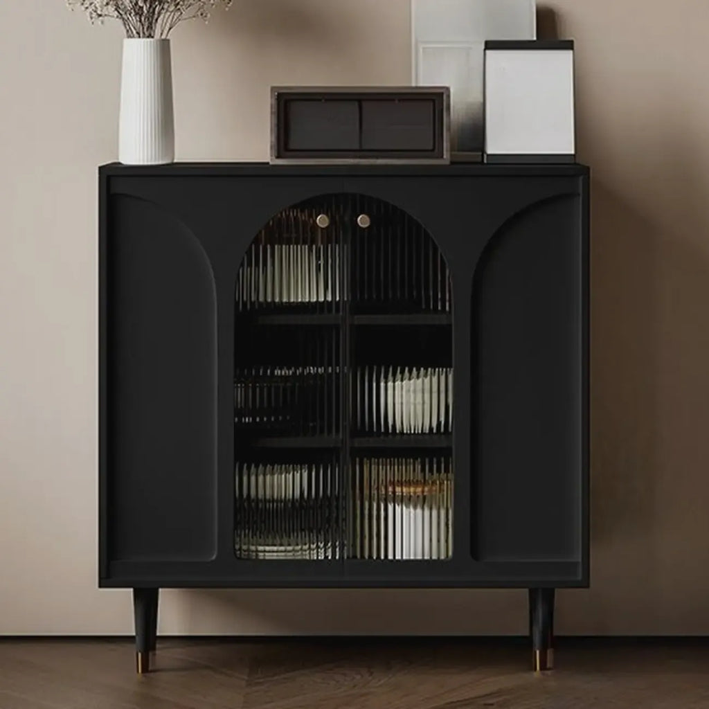 Narrow Glass Wooden White Black Sideboard Cabinet with Doors
