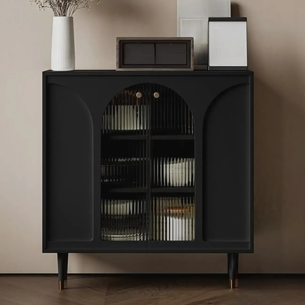 Narrow Glass Wooden White Black Sideboard Cabinet with Doors