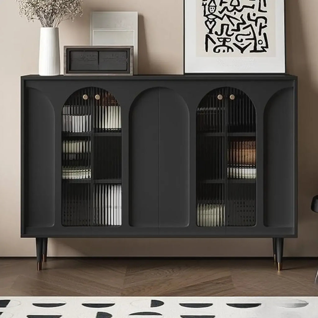 Narrow Glass Wooden White Black Sideboard Cabinet with Doors