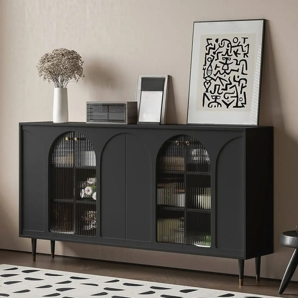 Narrow Glass Wooden White Black Sideboard Cabinet with Doors