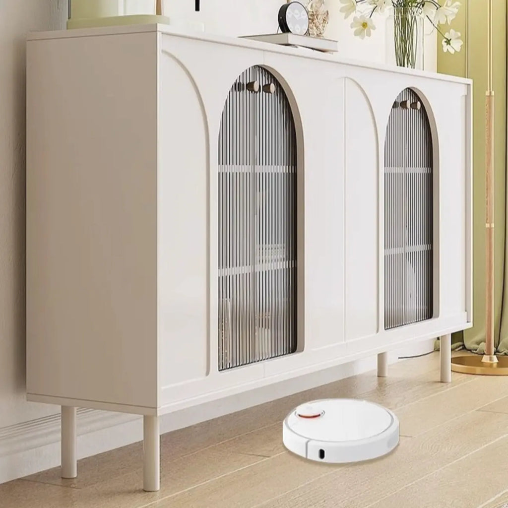 Narrow Glass Wooden White Black Sideboard Cabinet with Doors