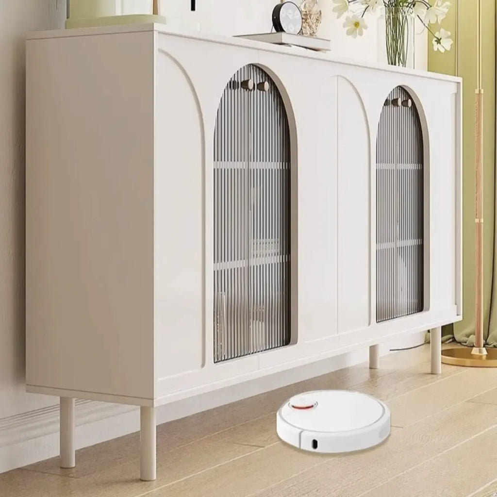 Narrow Glass Wooden White Black Sideboard Cabinet with Doors