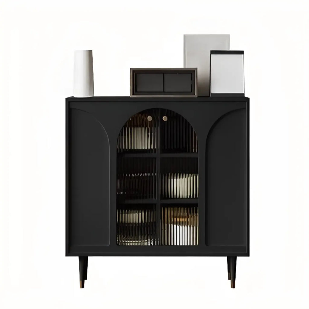 Narrow Glass Wooden White Black Sideboard Cabinet with Doors