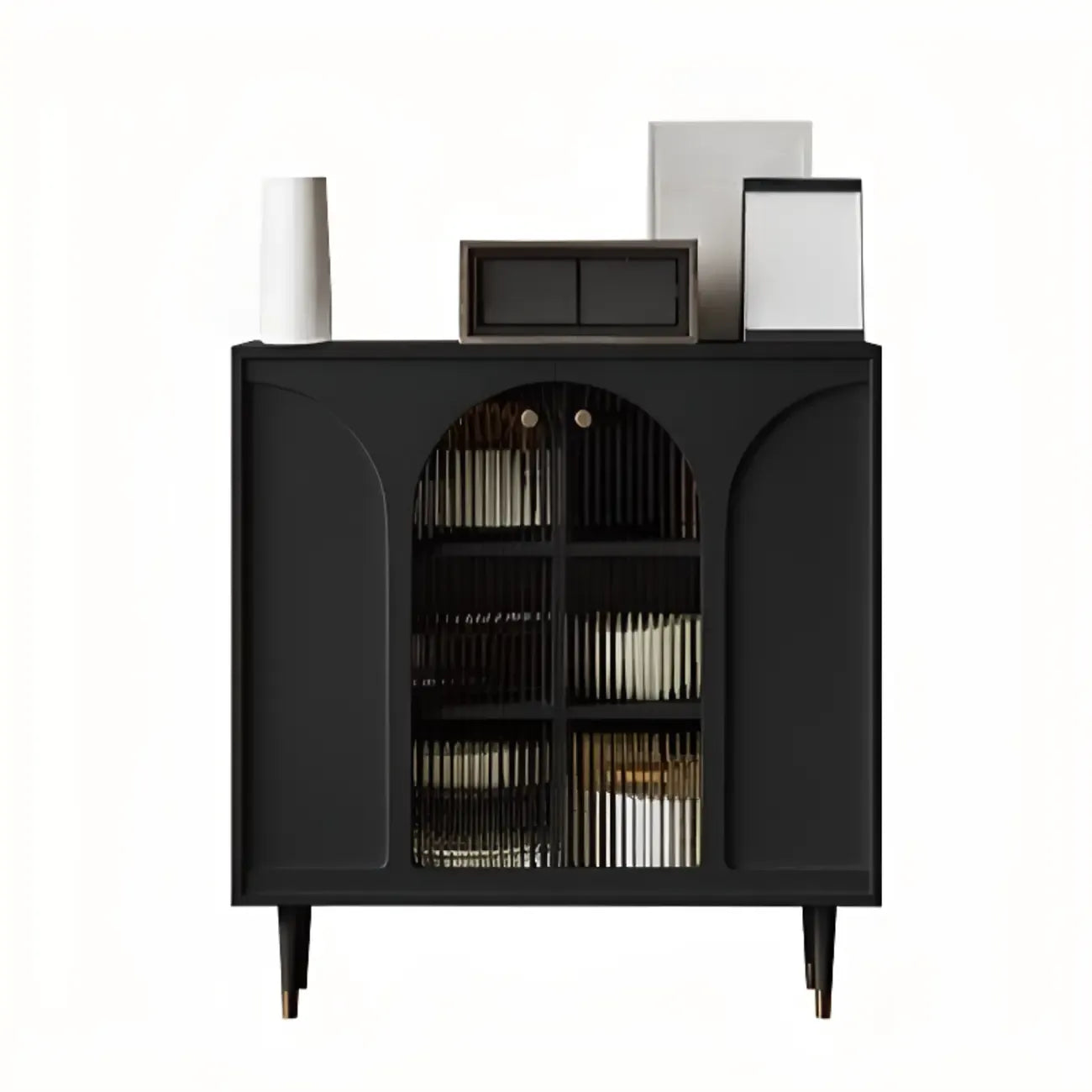 Narrow Glass Wooden White Black Sideboard Cabinet with Doors