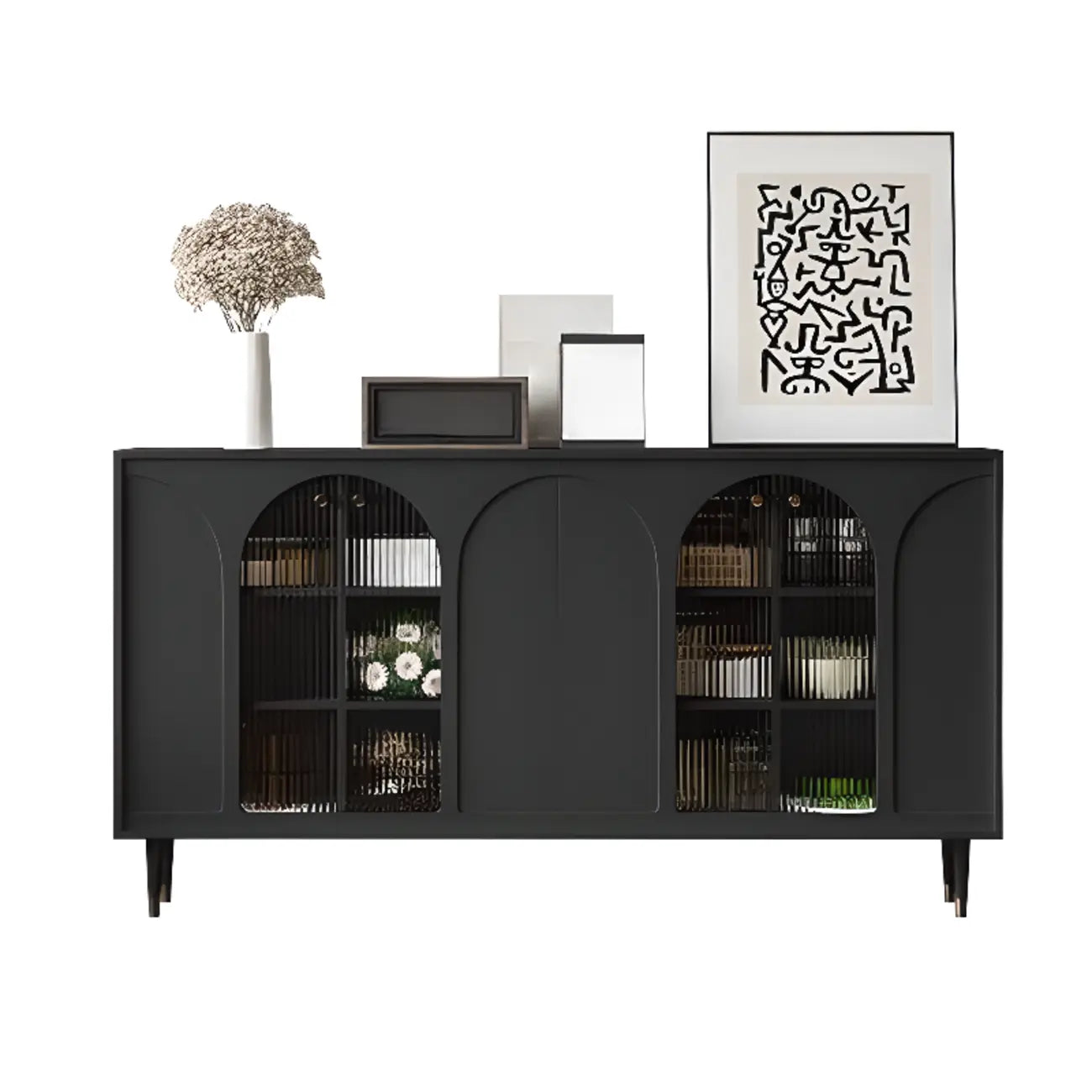 Narrow Glass Wooden White Black Sideboard Cabinet with Doors