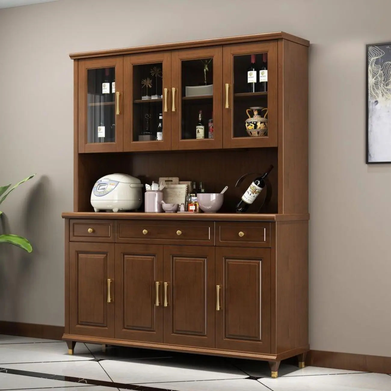 Kitchen Wooden White Cabinet Sideboard Built-in Wine Rack