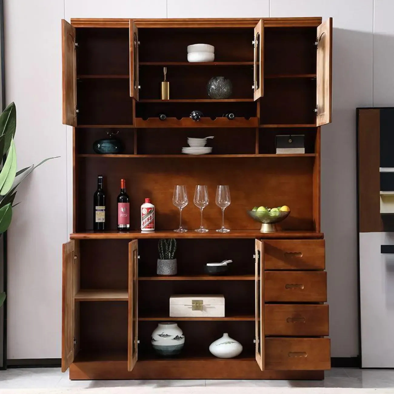 Kitchen Wooden White Cabinet Sideboard Built-in Wine Rack