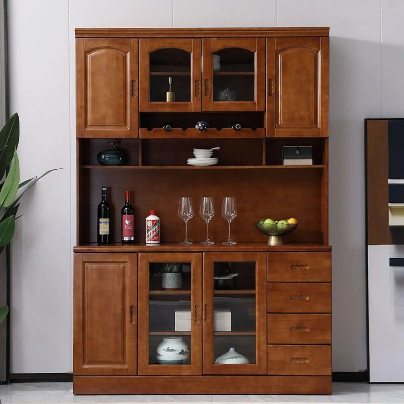 Kitchen Wooden White Cabinet Sideboard Built-in Wine Rack