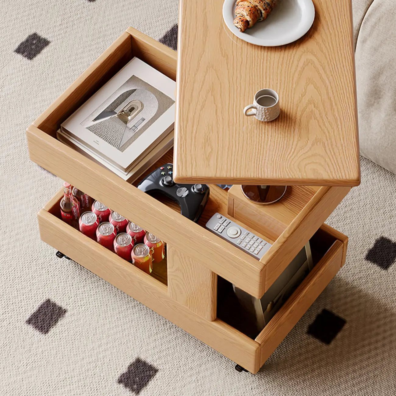 Adjustable 3-Tier Natural Wood Mobile Sofa Side Table