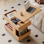 Adjustable 3-Tier Natural Wood Mobile Sofa Side Table
