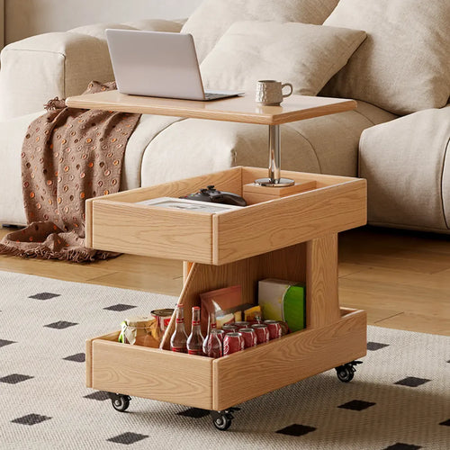 Adjustable 3-Tier Natural Wood Mobile Sofa Side Table