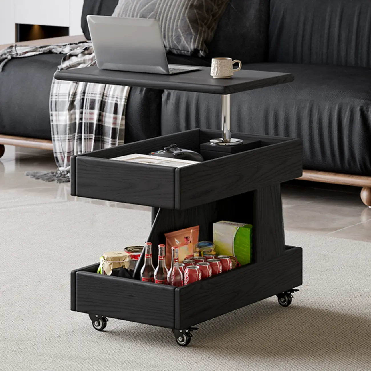 Adjustable 3-Tier Natural Wood Mobile Sofa Side Table