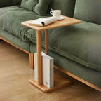 Slim Natural Wooden C-Shaped Sofa Side Table with Storage
