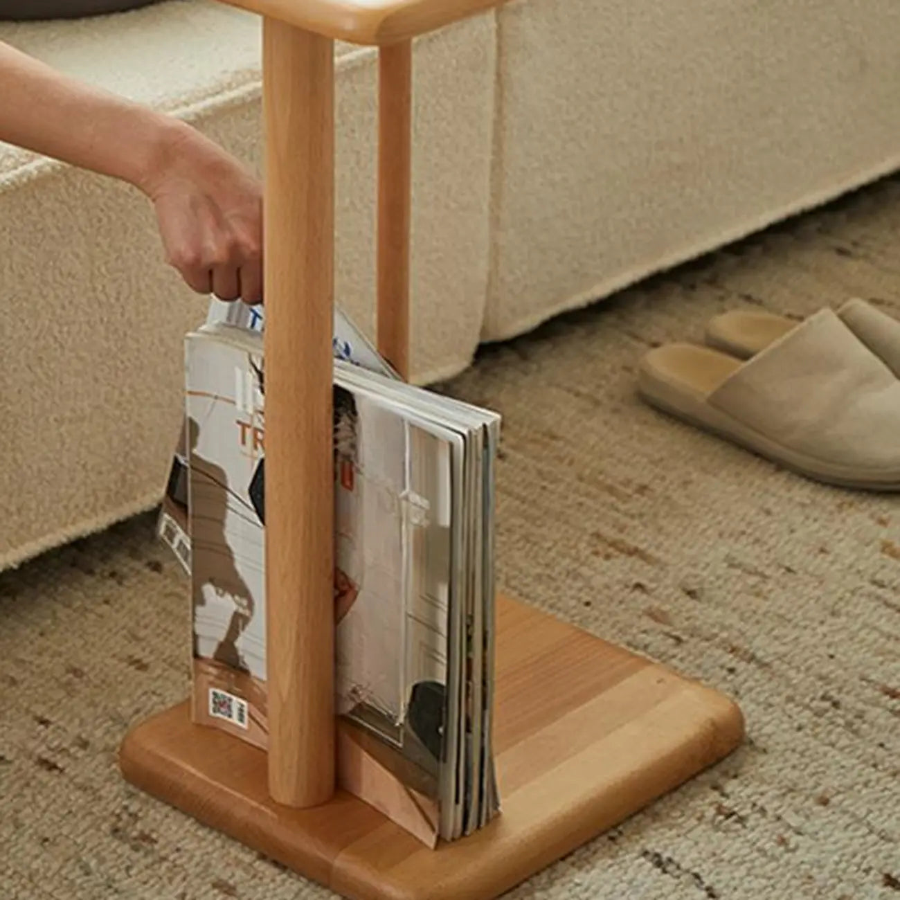 Slim Natural Wooden C-Shaped Sofa Side Table with Storage