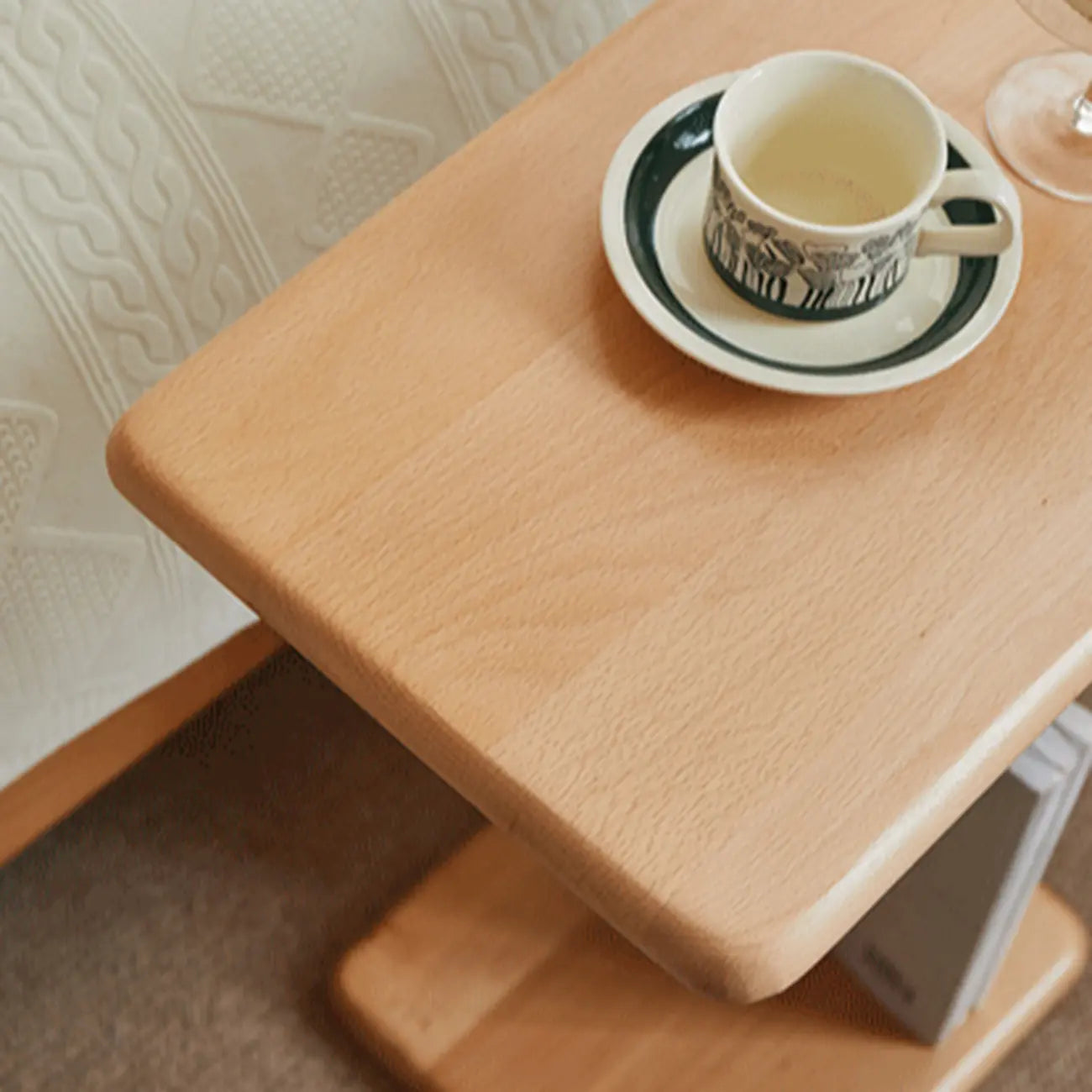 Slim Natural Wooden C-Shaped Sofa Side Table with Storage