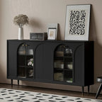 Narrow Black Wooden Glass-Panel Door Buffet Cabinet