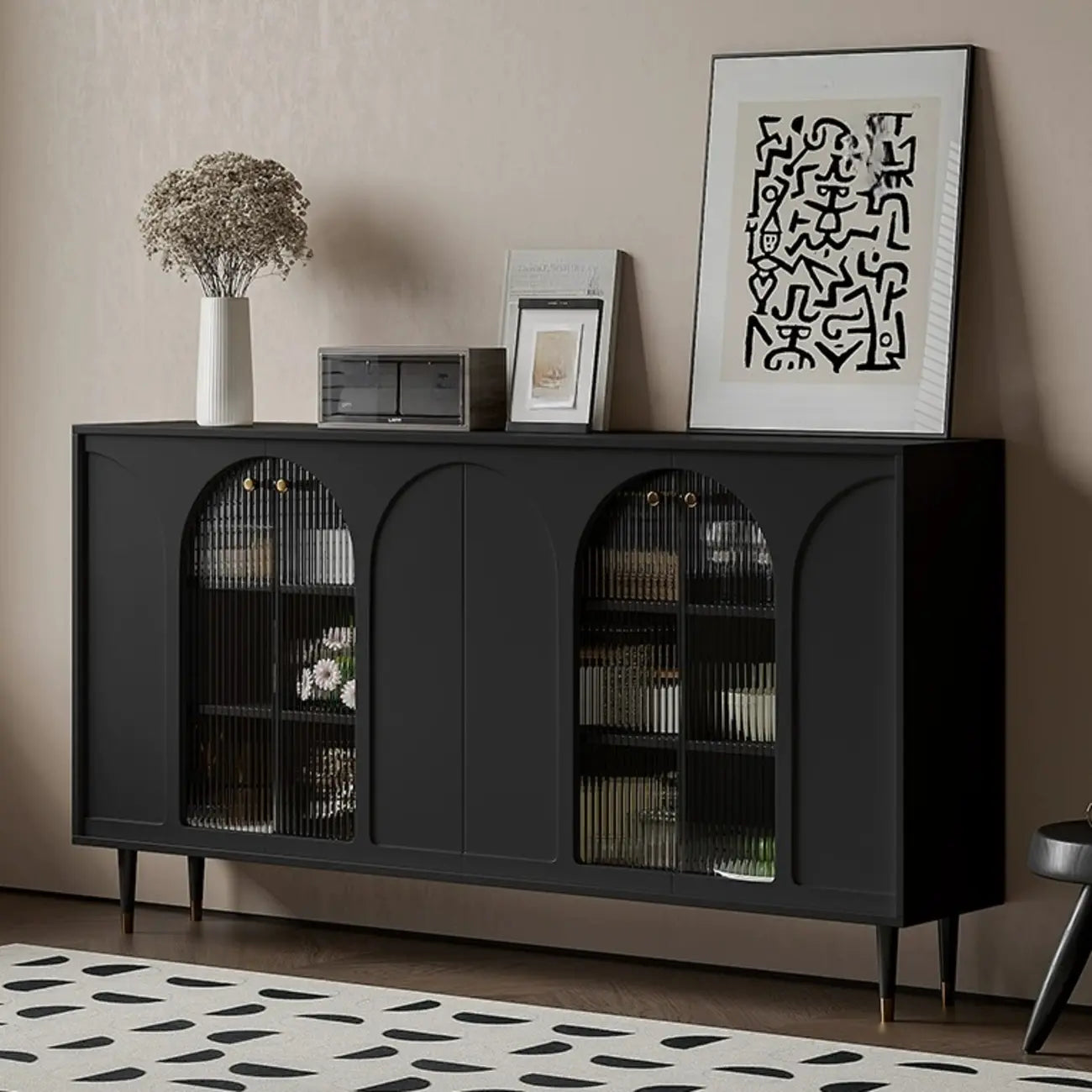 Narrow Black Wooden Glass-Panel Door Buffet Cabinet