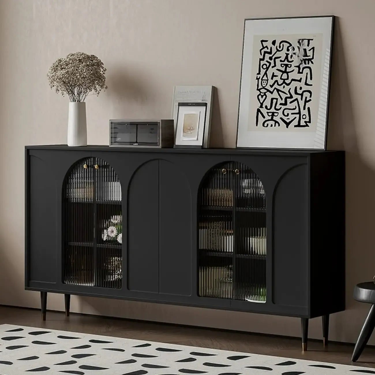 Narrow Black Wooden Glass-Panel Door Buffet Cabinet