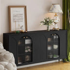 Narrow Black Wooden Glass-Panel Door Buffet Cabinet