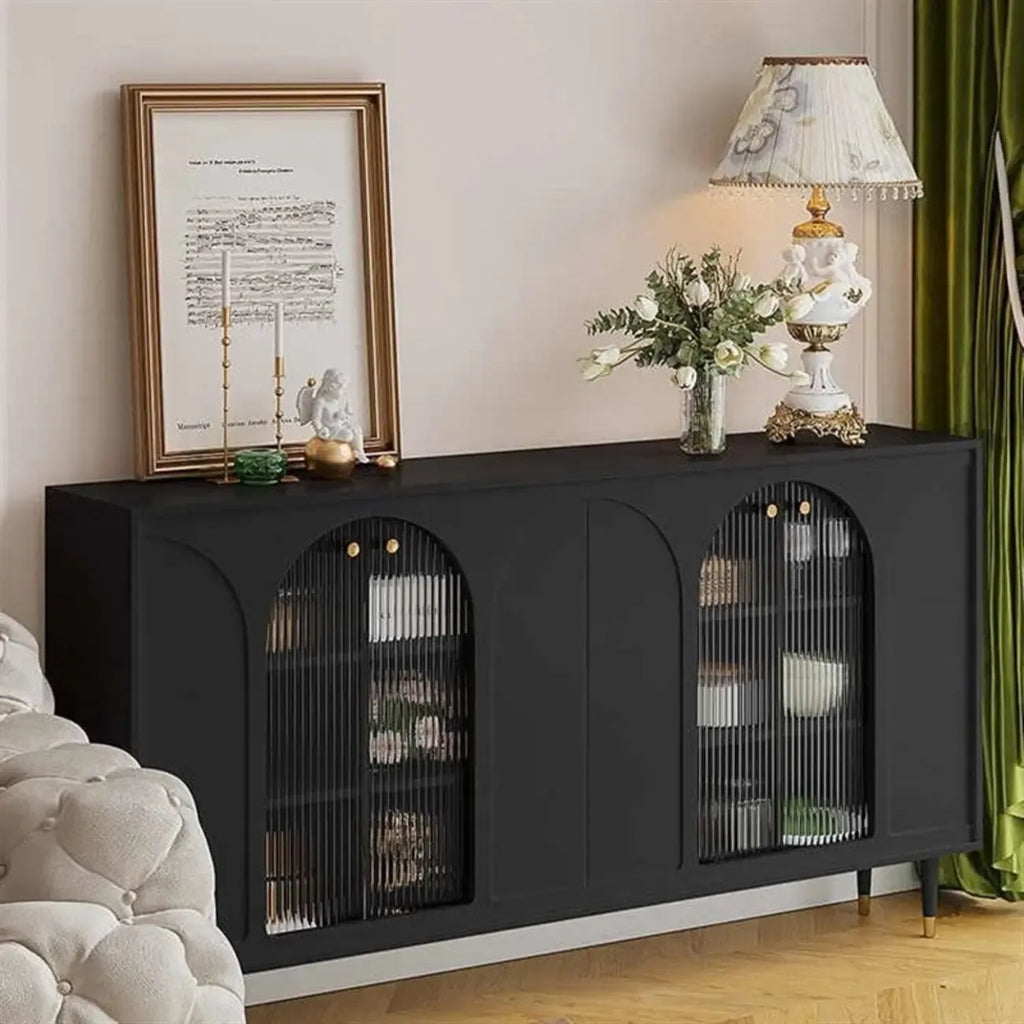 Narrow Black Wooden Glass-Panel Door Buffet Cabinet