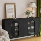 Narrow Black Wooden Glass-Panel Door Buffet Cabinet