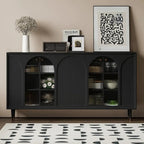 Narrow Black Wooden Glass-Panel Door Buffet Cabinet