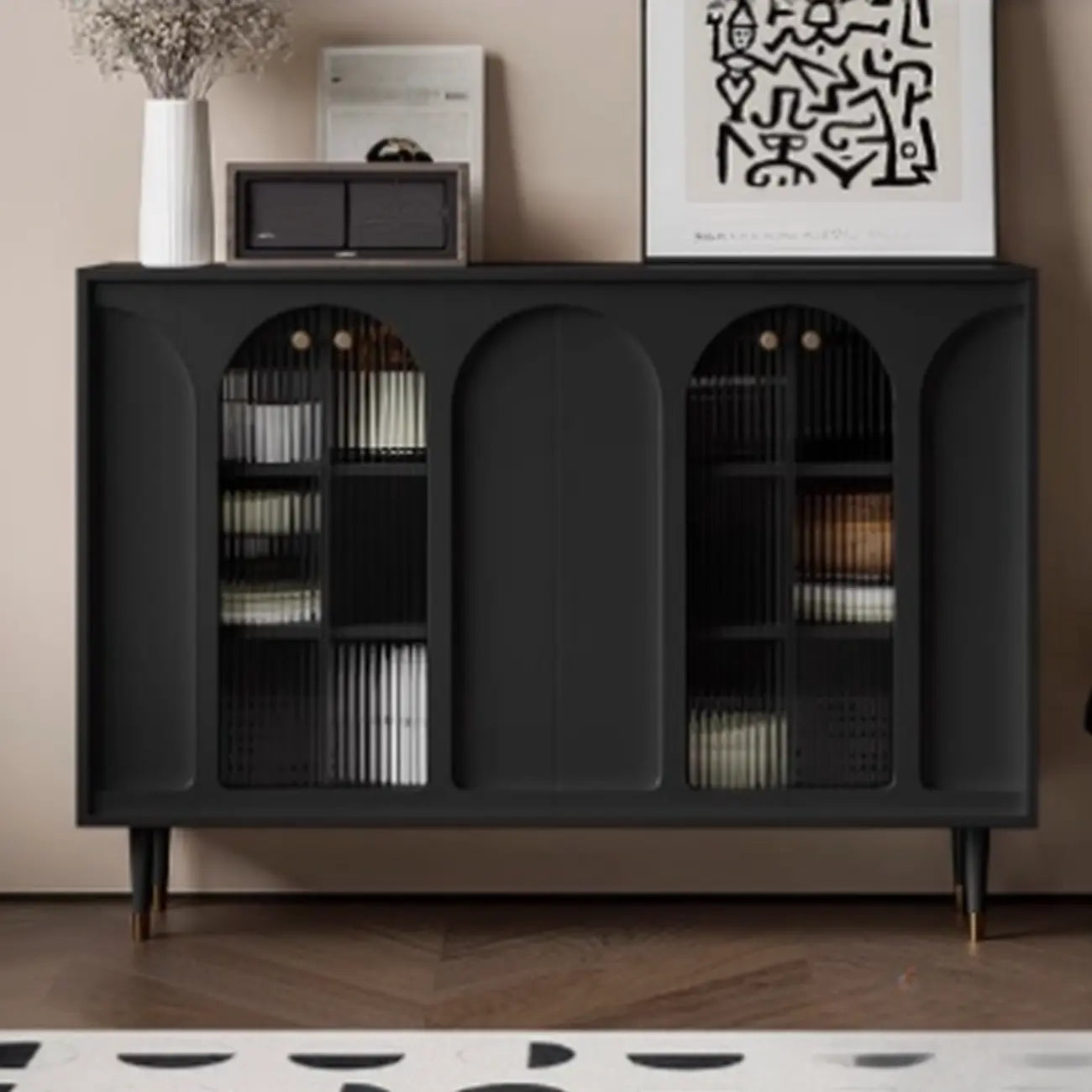 Narrow Black Wooden Glass-Panel Door Buffet Cabinet