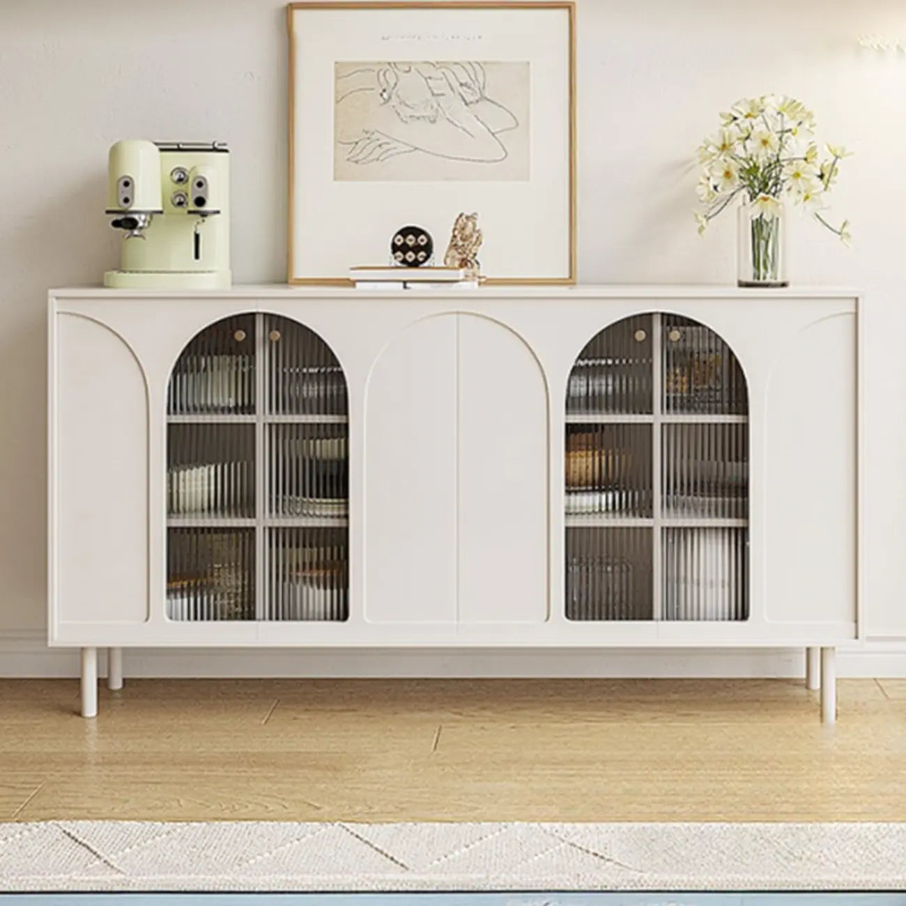 Narrow Black Wooden Glass-Panel Door Buffet Cabinet