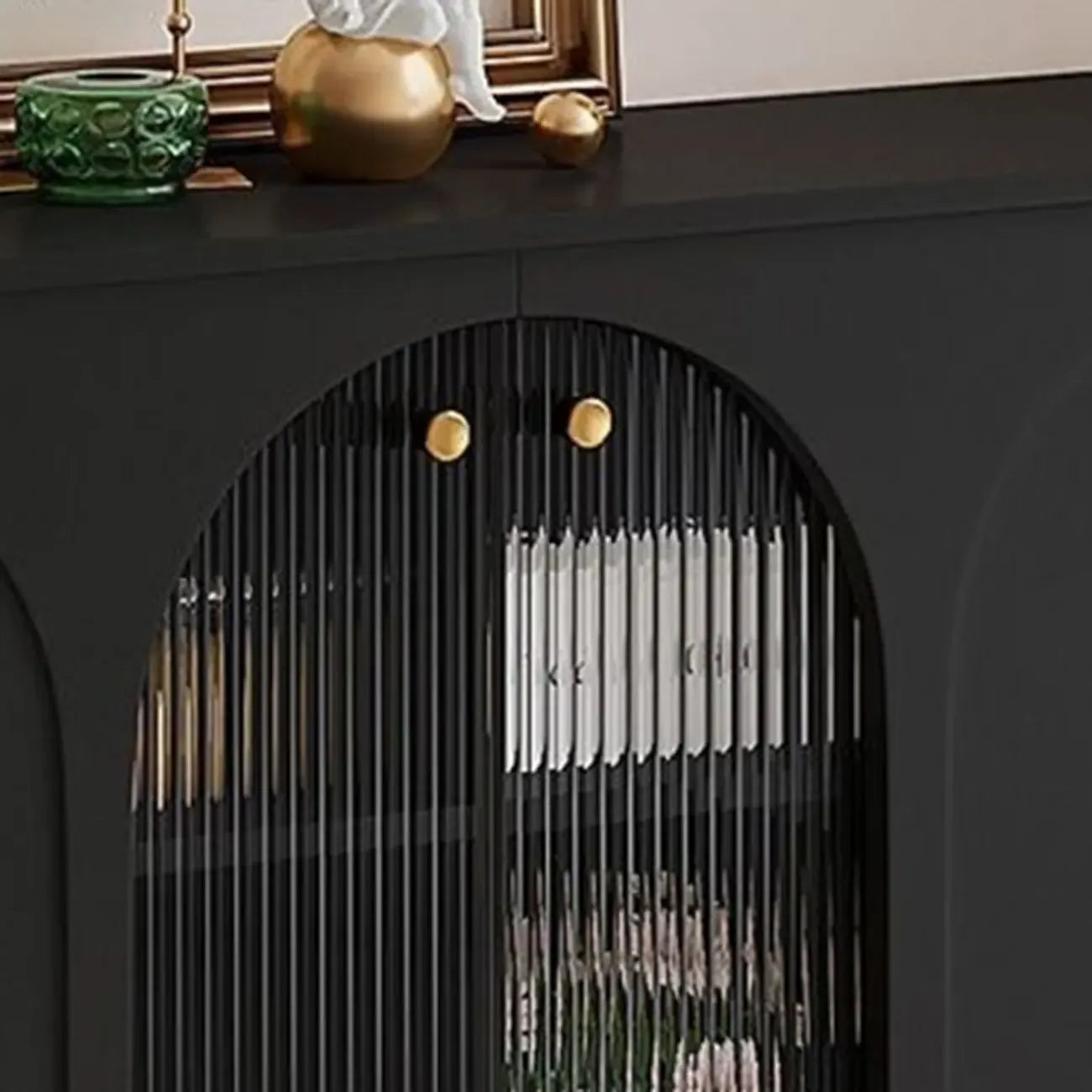 Narrow Black Wooden Glass-Panel Door Buffet Cabinet