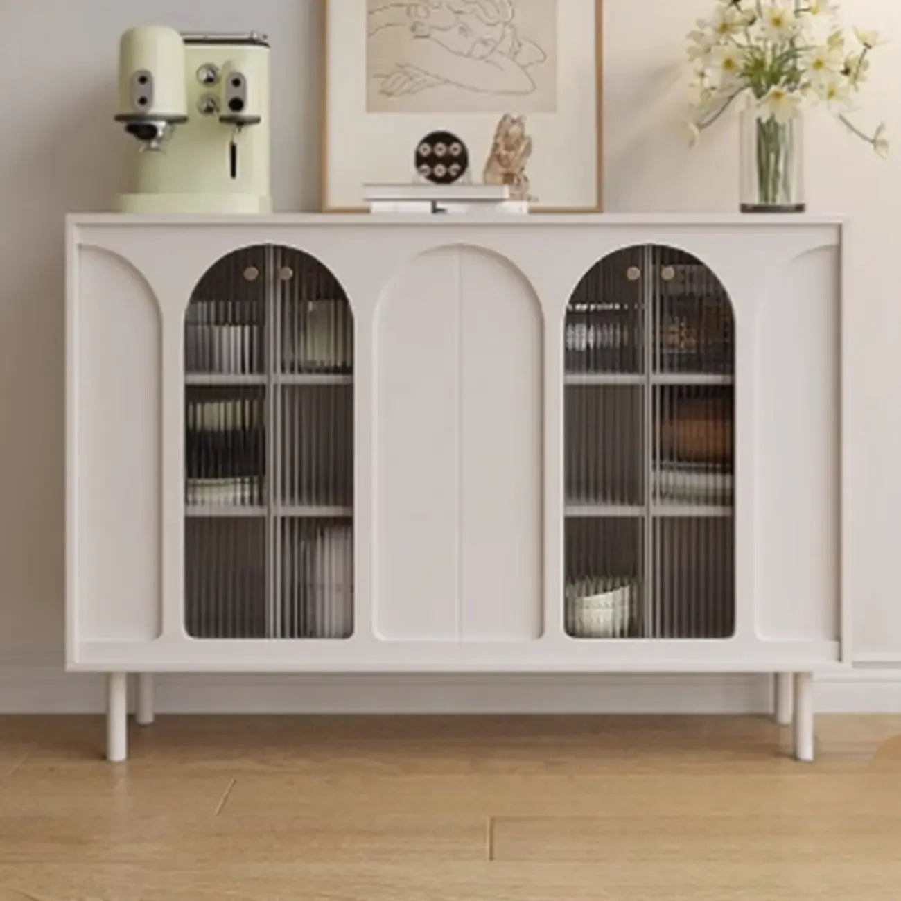 Narrow Black Wooden Glass-Panel Door Buffet Cabinet