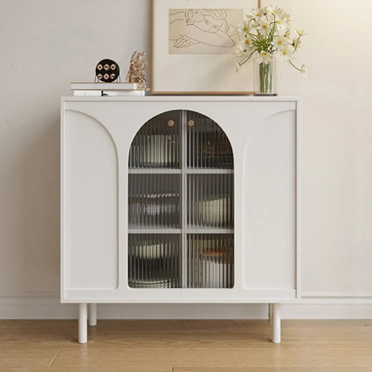 Narrow Black Wooden Glass-Panel Door Buffet Cabinet