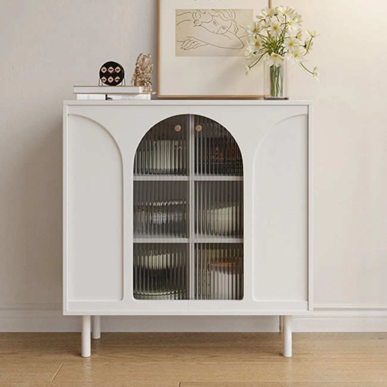 Narrow Black Wooden Glass-Panel Door Buffet Cabinet