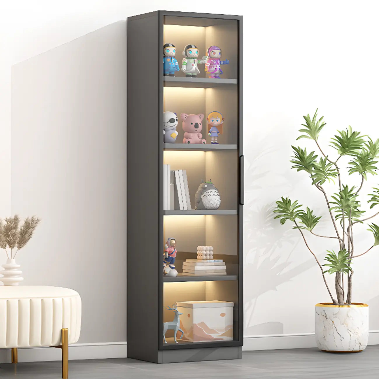 Simple Glass Wood Lighted Display Cabinet for Collections