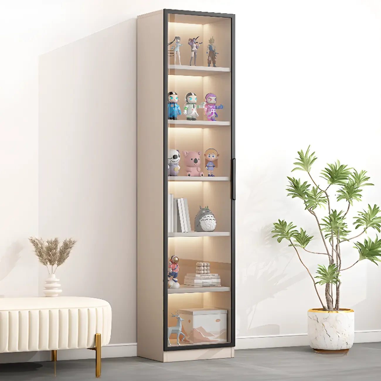 Simple Glass Wood Lighted Display Cabinet for Collections