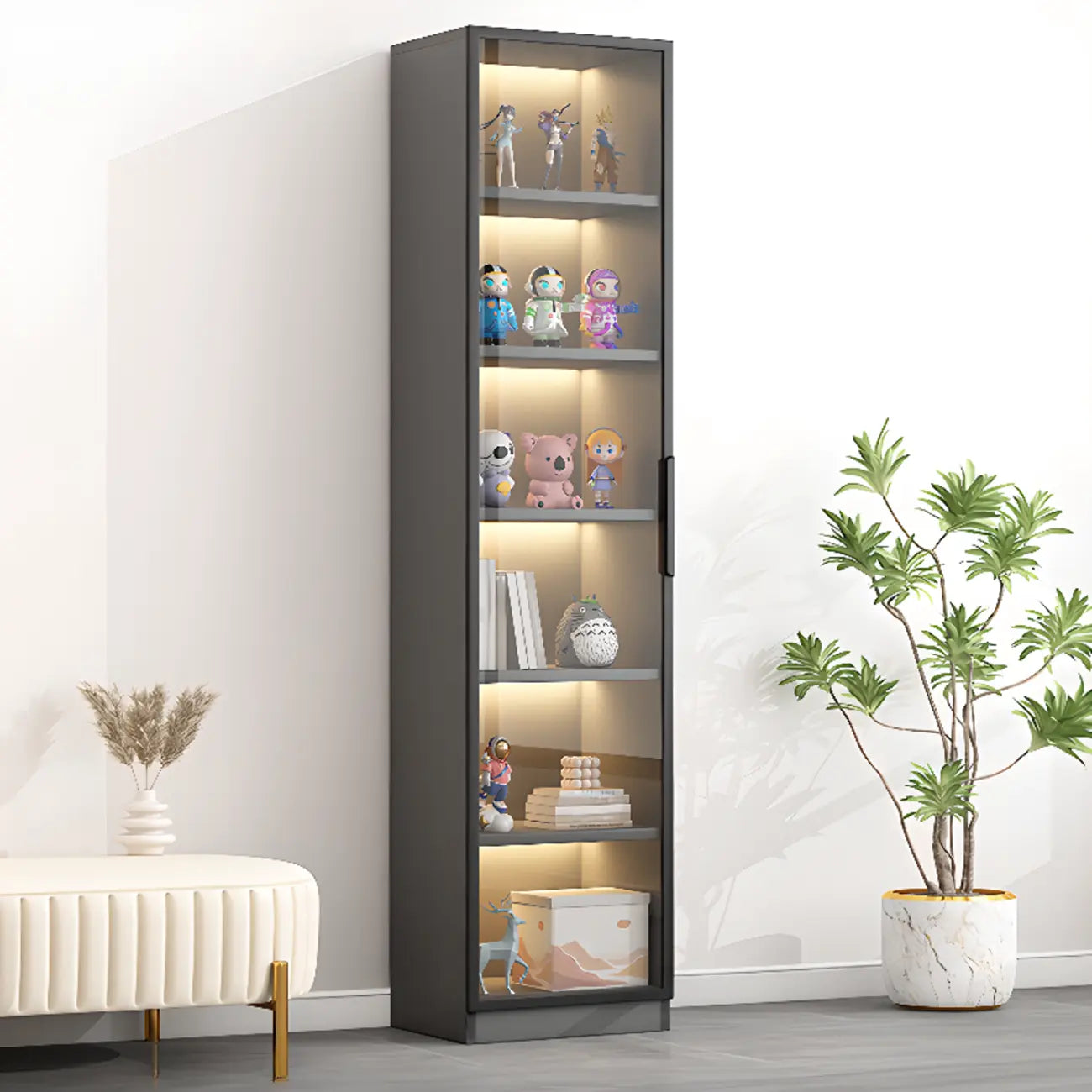 Simple Glass Wood Lighted Display Cabinet for Collections