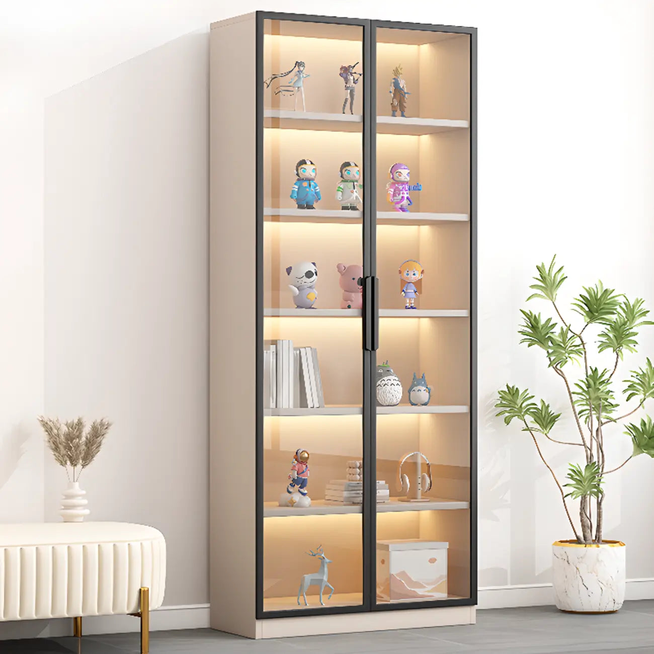 Simple Glass Wood Lighted Display Cabinet for Collections