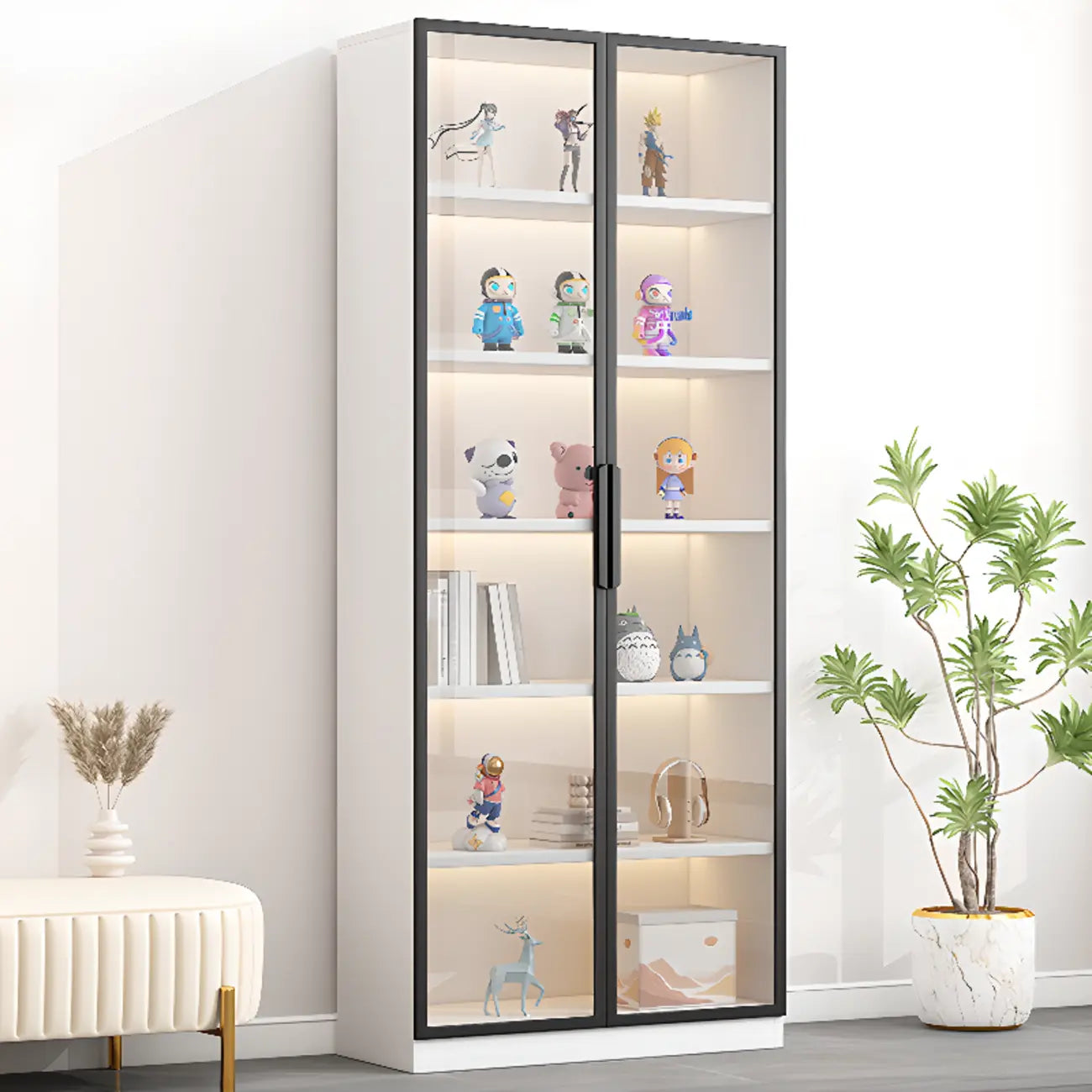 Simple Glass Wood Lighted Display Cabinet for Collections