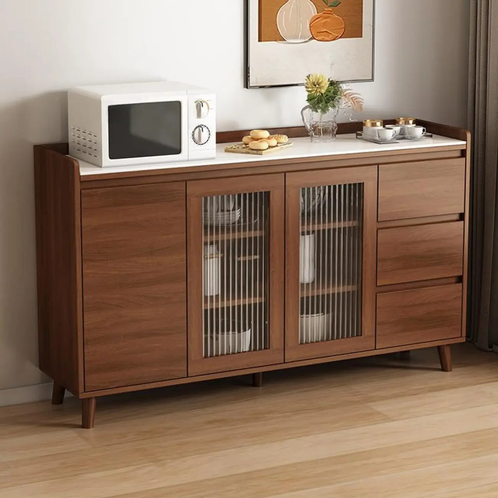 Freestanding Brown Stone-Top Cocoa Wood Sideboard with Doors