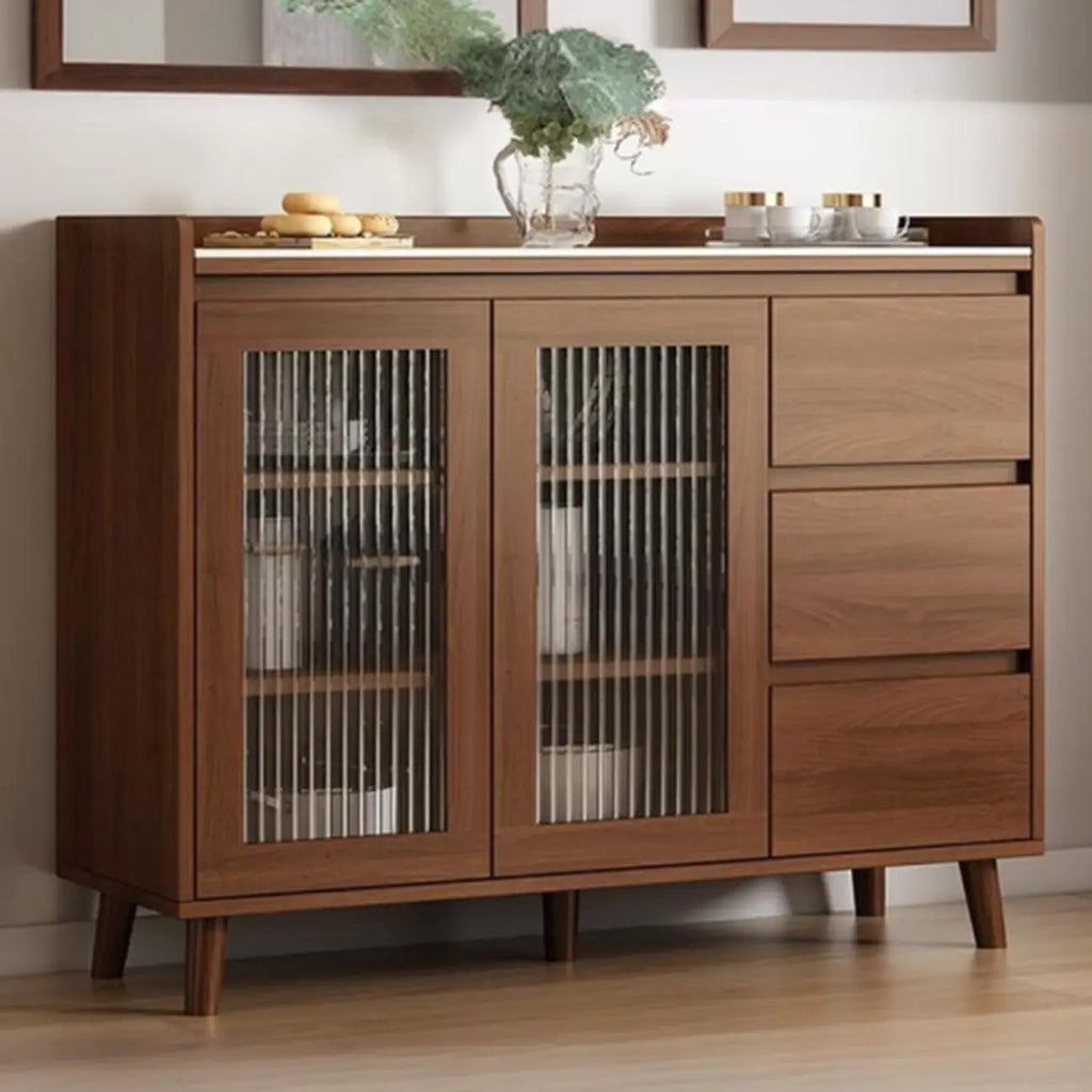 Freestanding Brown Stone-Top Cocoa Wood Sideboard with Doors