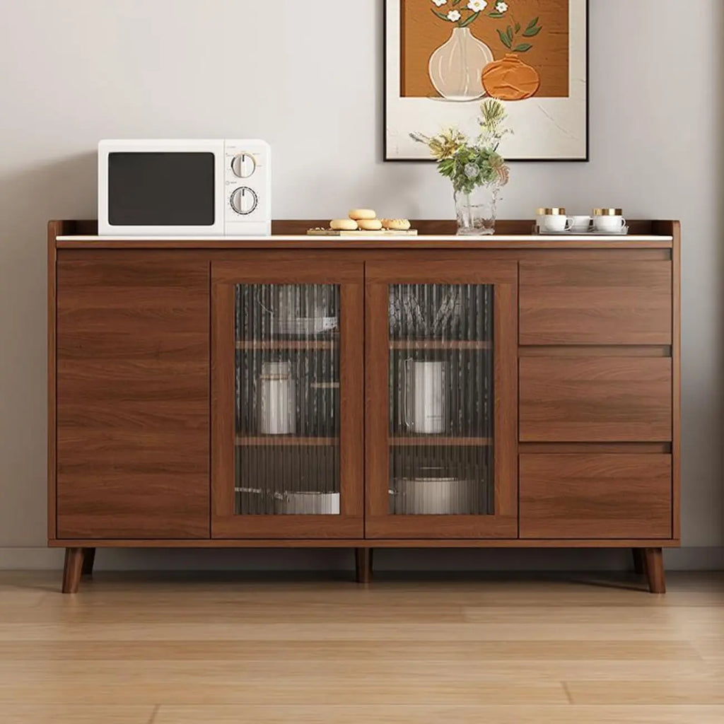 Freestanding Brown Stone-Top Cocoa Wood Sideboard with Doors