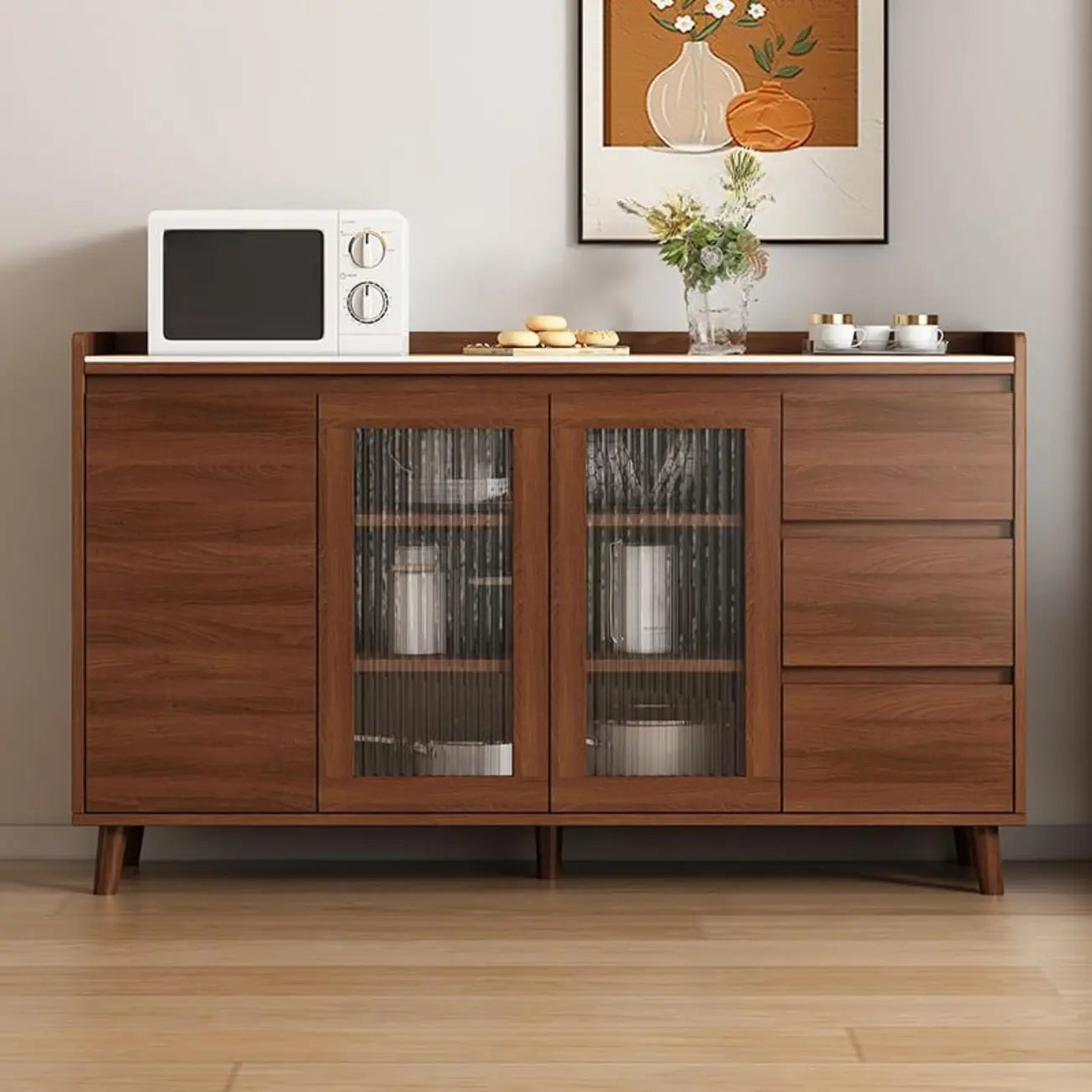 Freestanding Brown Stone-Top Cocoa Wood Sideboard with Doors