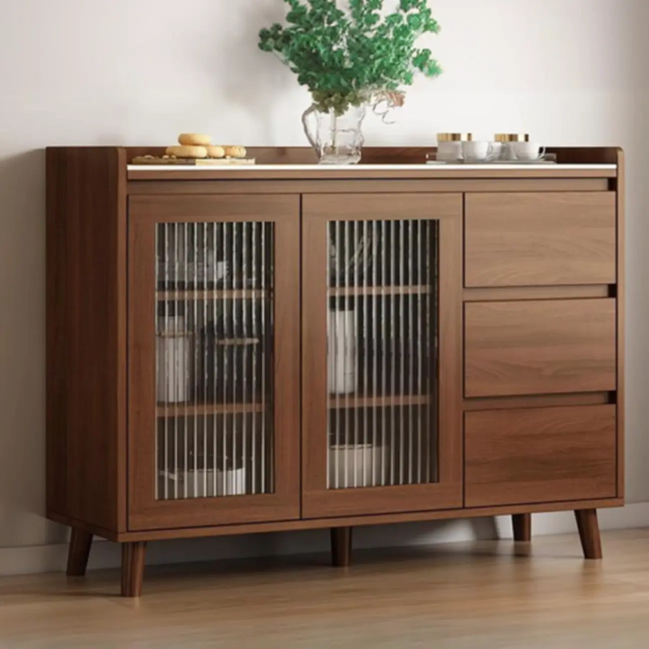 Freestanding Brown Stone-Top Cocoa Wood Sideboard with Doors