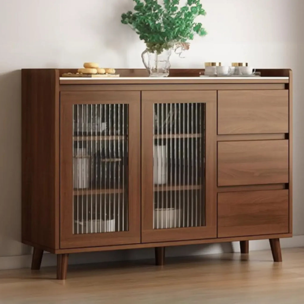 Freestanding Brown Stone-Top Cocoa Wood Sideboard with Doors