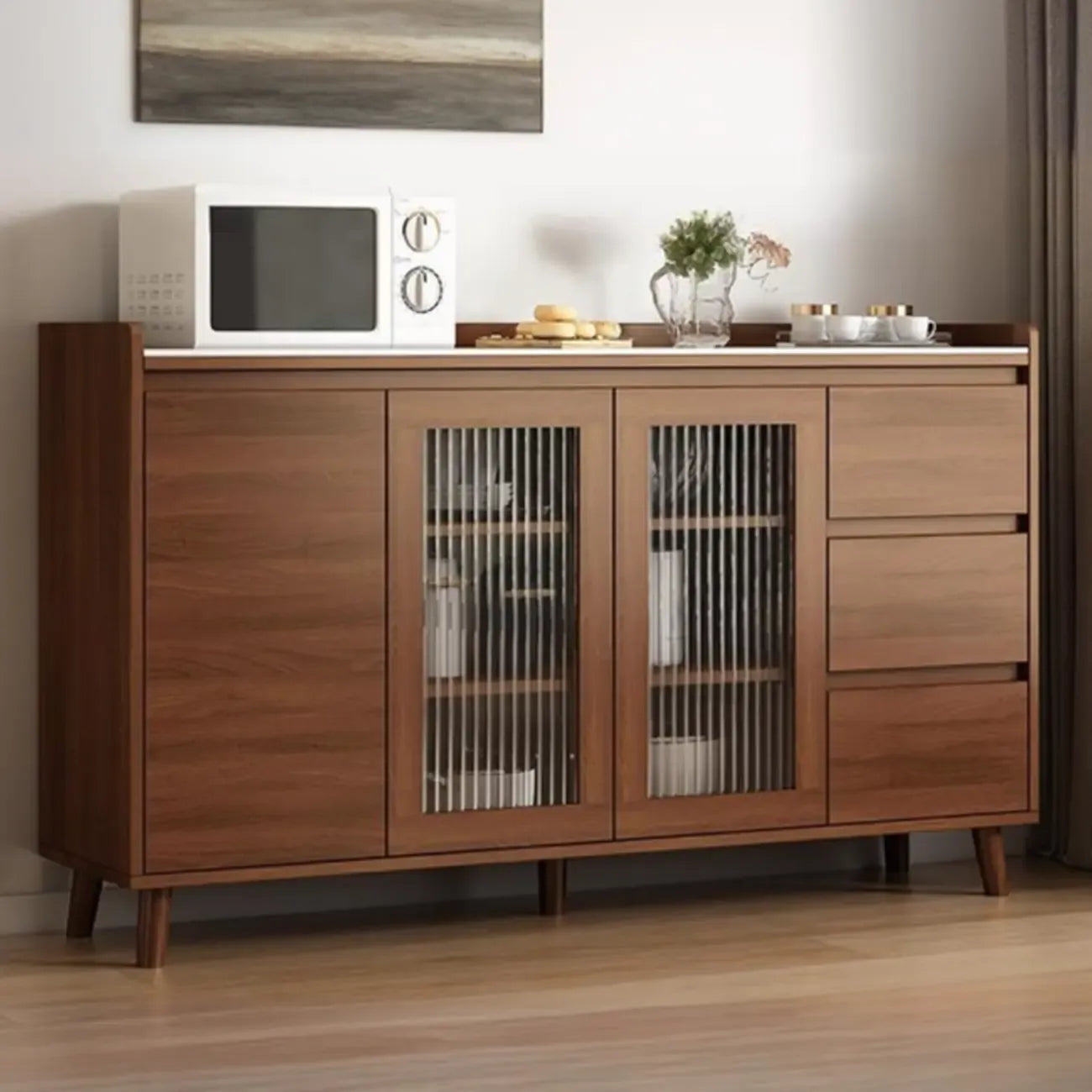 Freestanding Brown Stone-Top Cocoa Wood Sideboard with Doors