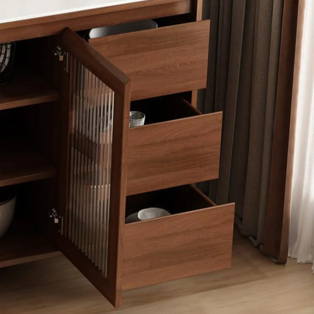 Freestanding Brown Stone-Top Cocoa Wood Sideboard with Doors