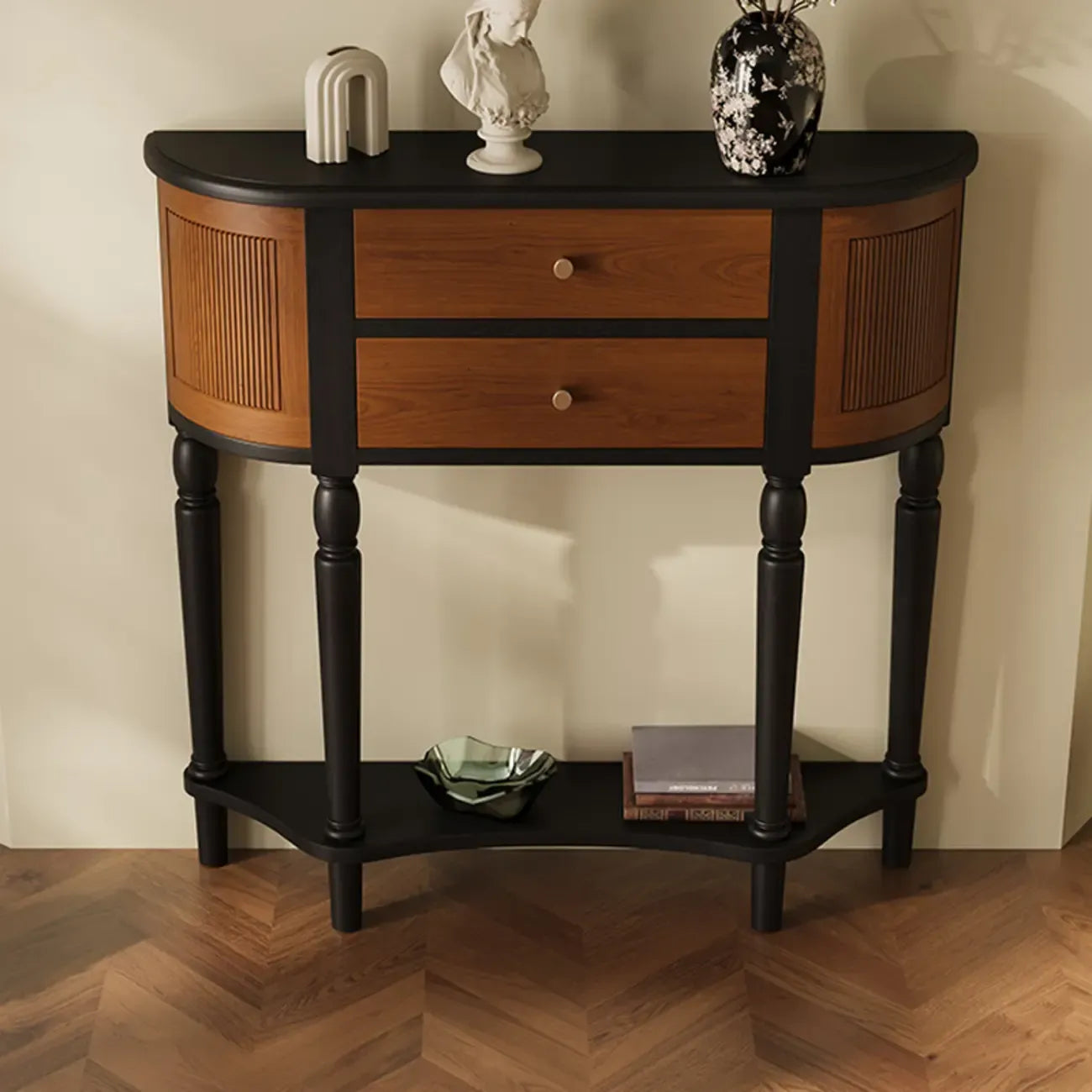 Natural Wood Live Edge Entrance Table with 2 Cabinets and 3 Shelves