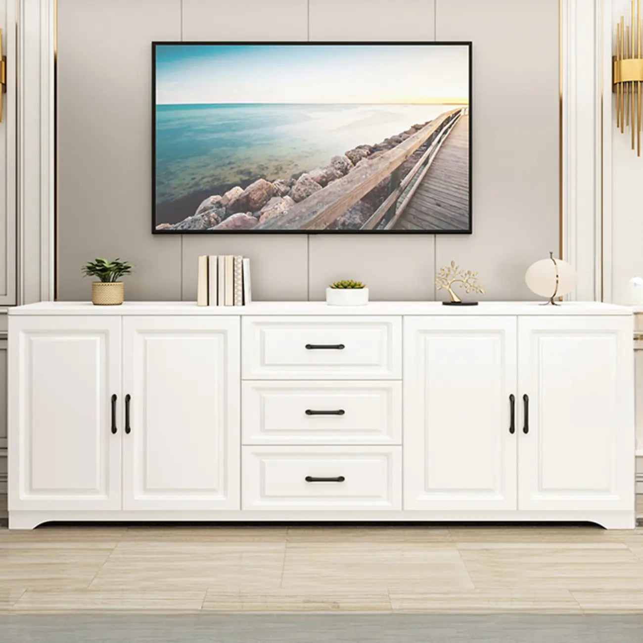Modern Rectangular White 3-Drawer Wooden TV Stand