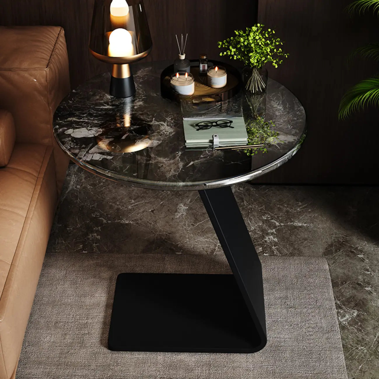Black C-shaped Round Marble Top Living Room Side Table