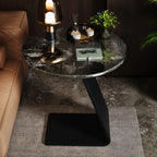 Black C-shaped Round Marble Top Living Room Side Table