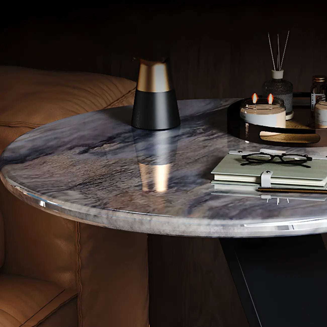 Black C-shaped Round Marble Top Living Room Side Table